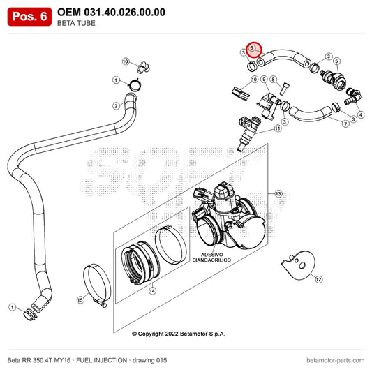BETA TUBE – OEM 031.40.026.00.00, position 6 on the Beta RR 350 4T MY16 fuel injection drawing