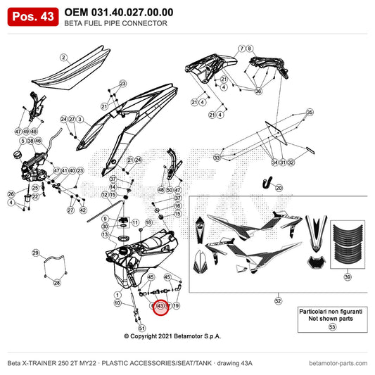 BETA FUEL PIPE CONNECTOR – OEM 031.40.027.00.00, position 43 on the Beta X-TRAINER 250 2T MY22 plastic accessories/seat/tank drawing