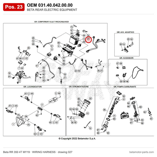 BETA REAR ELECTRIC EQUIPMENT – OEM 031.40.042.00.00, position 23 on the Beta RR 350 4T MY19 wiring harness drawing