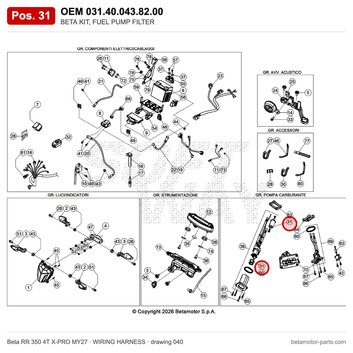 BETA KIT, FUEL PUMP FILTER – OEM 031.40.043.82.00, position 31 on the Beta RR 350 4T X-PRO MY27 wiring harness drawing