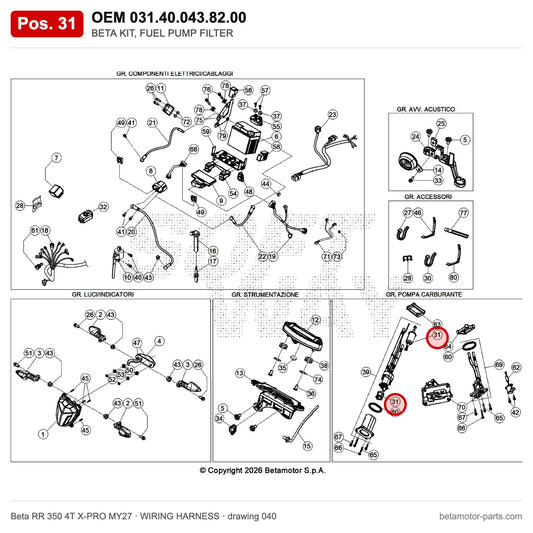 BETA KIT, FUEL PUMP FILTER – OEM 031.40.043.82.00, position 31 on the Beta RR 350 4T X-PRO MY27 wiring harness drawing