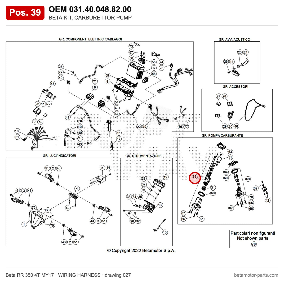 BETA KIT, CARBURETTOR PUMP – OEM 031.40.048.82.00, position 39 on the Beta RR 350 4T MY17 wiring harness drawing