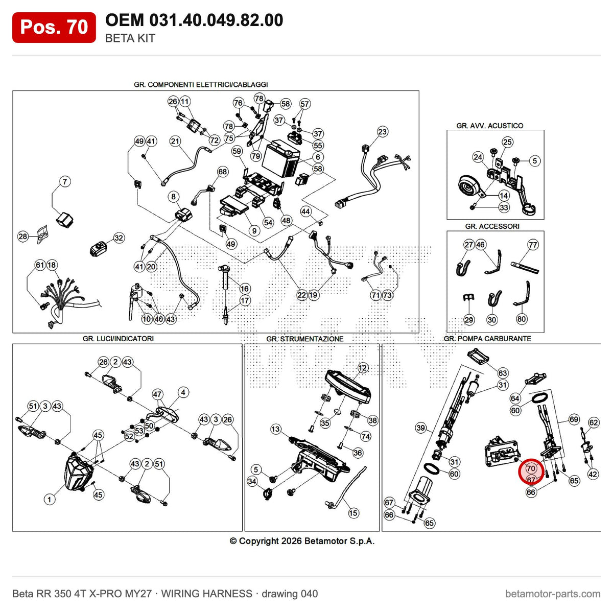 BETA KIT – OEM 031.40.049.82.00, position 70 on the Beta RR 350 4T X-PRO MY27 wiring harness drawing