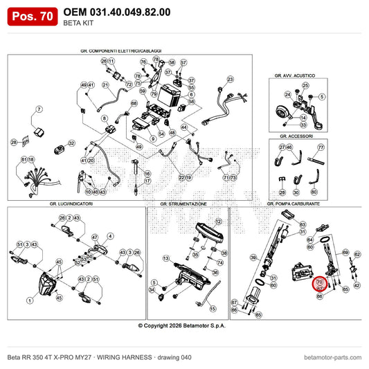 BETA KIT – OEM 031.40.049.82.00, position 70 on the Beta RR 350 4T X-PRO MY27 wiring harness drawing
