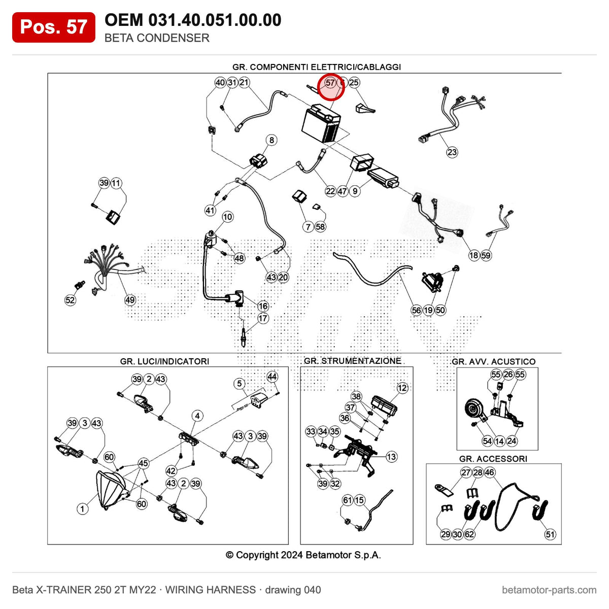 BETA CONDENSER – OEM 031.40.051.00.00, position 57 on the Beta X-TRAINER 250 2T MY22 wiring harness drawing