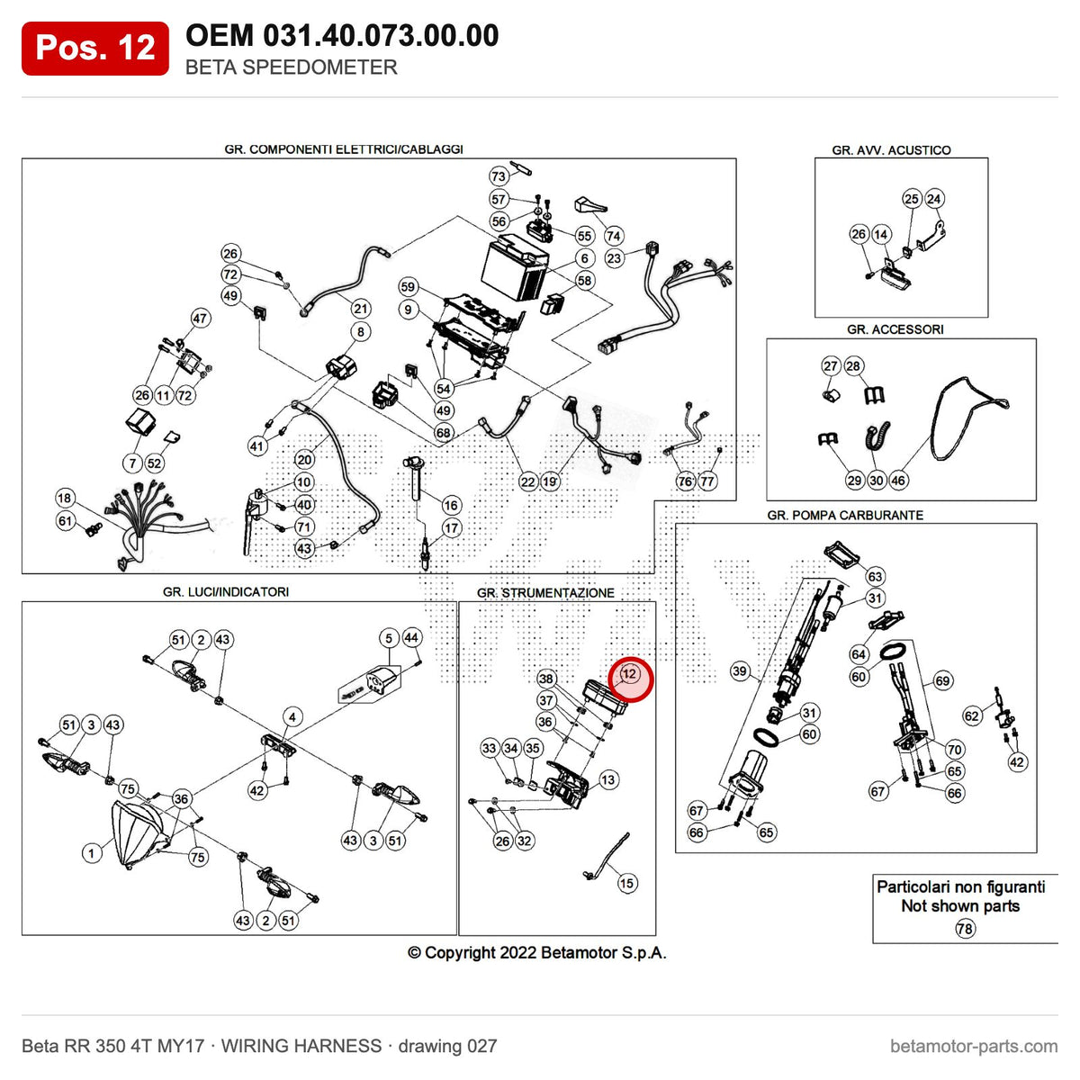 BETA SPEEDOMETER – OEM 031.40.073.00.00, position 12 on the Beta RR 350 4T MY17 wiring harness drawing