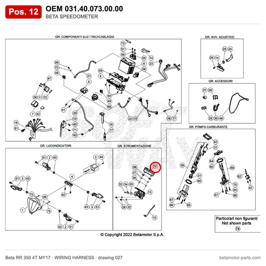 BETA SPEEDOMETER – OEM 031.40.073.00.00, position 12 on the Beta RR 350 4T MY17 wiring harness drawing