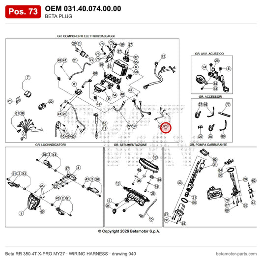 BETA PLUG – OEM 031.40.074.00.00, position 73 on the Beta RR 350 4T X-PRO MY27 wiring harness drawing