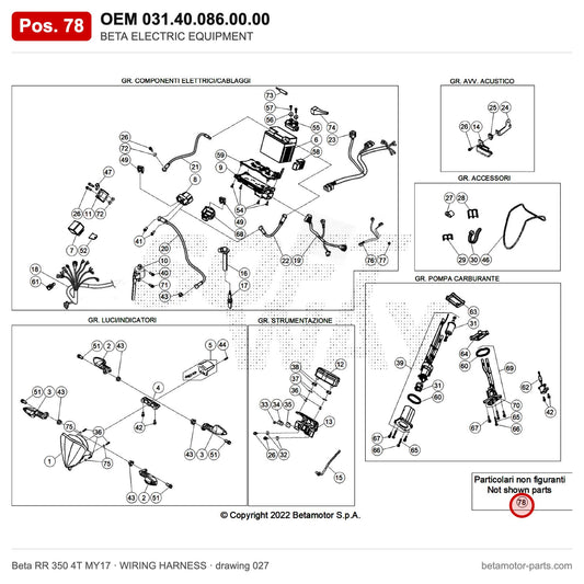 BETA ELECTRIC EQUIPMENT – OEM 031.40.086.00.00, position 78 on the Beta RR 350 4T MY17 wiring harness drawing