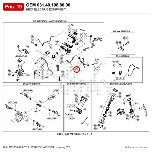 BETA ELECTRIC EQUIPMENT – OEM 031.40.108.80.00, position 19 on the Beta RR 350 4T MY19 wiring harness drawing