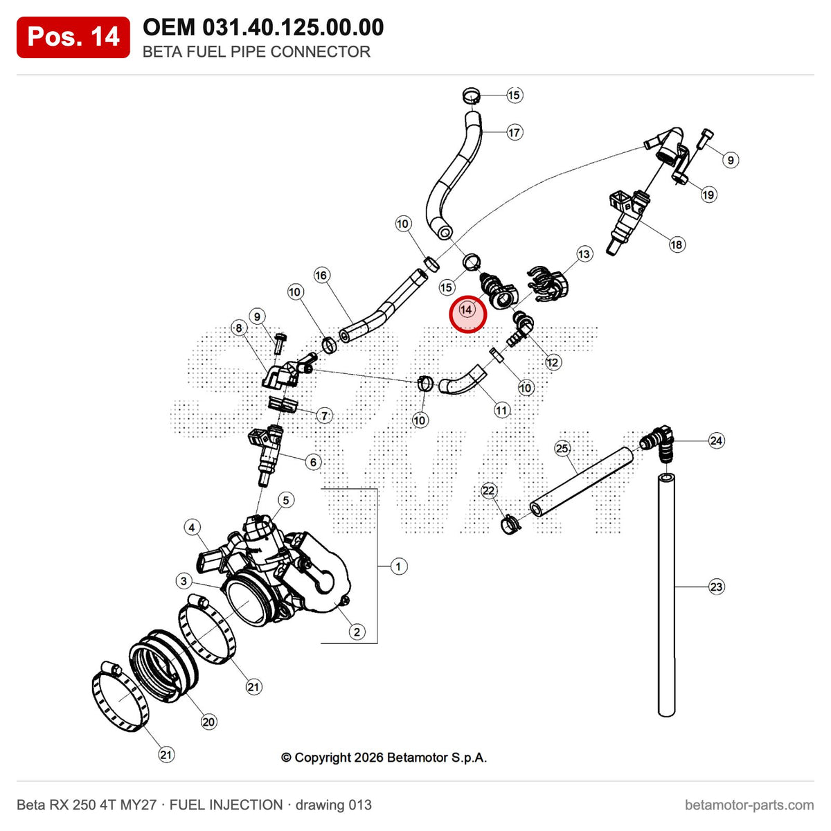 BETA FUEL PIPE CONNECTOR – OEM 031.40.125.00.00, position 14 on the Beta RX 250 4T MY27 fuel injection drawing
