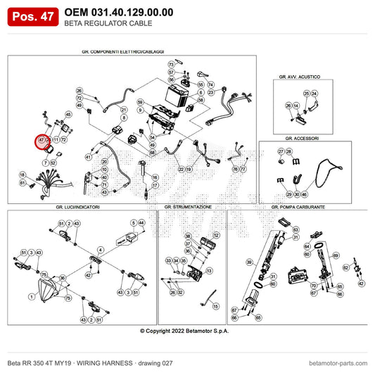 BETA REGULATOR CABLE – OEM 031.40.129.00.00, position 47 on the Beta RR 350 4T MY19 wiring harness drawing