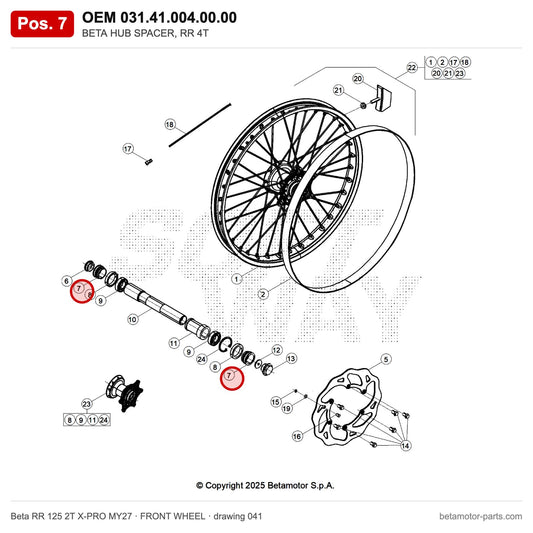 BETA HUB SPACER, RR 4T – OEM 031.41.004.00.00, position 7 on the Beta RR 125 2T X-PRO MY27 front wheel drawing
