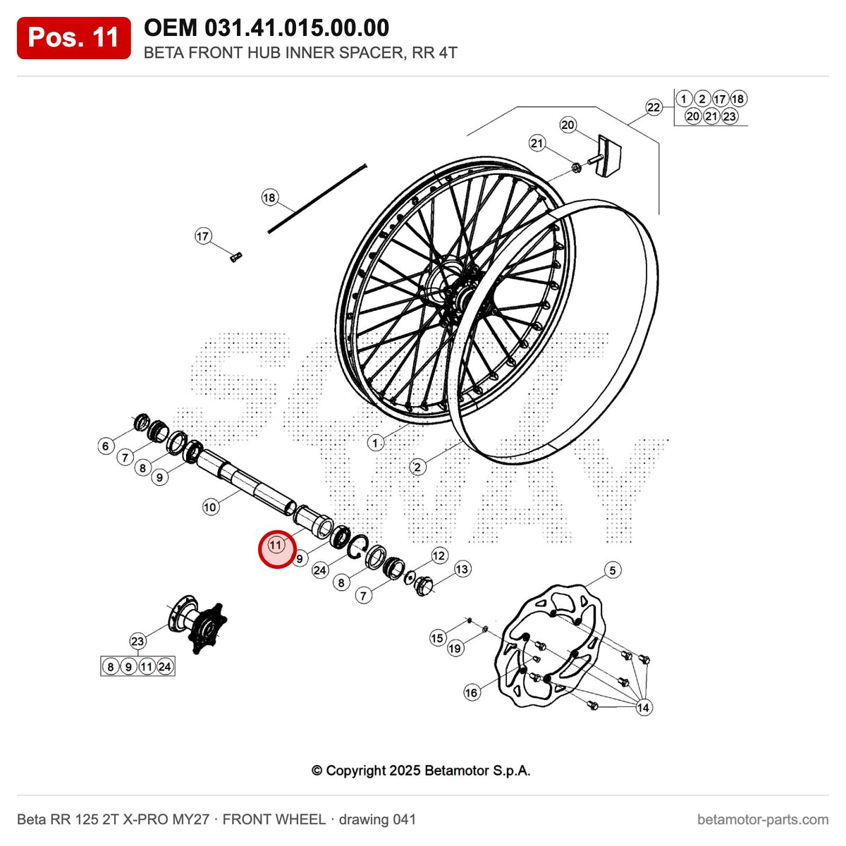 BETA FRONT HUB INNER SPACER, RR 4T – OEM 031.41.015.00.00, position 11 on the Beta RR 125 2T X-PRO MY27 front wheel drawing