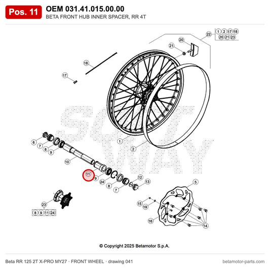 BETA FRONT HUB INNER SPACER, RR 4T – OEM 031.41.015.00.00, position 11 on the Beta RR 125 2T X-PRO MY27 front wheel drawing