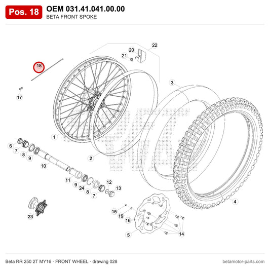 BETA FRONT SPOKE – OEM 031.41.041.00.00, position 18 on the Beta RR 250 2T MY16 front wheel drawing