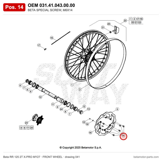 BETA SPECIAL SCREW, M6X14 – OEM 031.41.043.00.00, position 14 on the Beta RR 125 2T X-PRO MY27 front wheel drawing