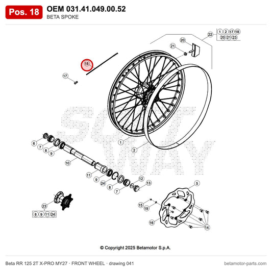 BETA SPOKE – OEM 031.41.049.00.52, position 18 on the Beta RR 125 2T X-PRO MY27 front wheel drawing