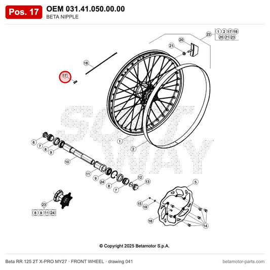 BETA NIPPLE – OEM 031.41.050.00.00, position 17 on the Beta RR 125 2T X-PRO MY27 front wheel drawing