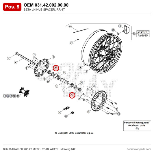 BETA LH HUB SPACER, RR 4T – OEM 031.42.002.00.00, position 9 on the Beta X-TRAINER 200 2T MY27 rear wheel drawing