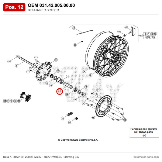 BETA INNER SPACER – OEM 031.42.005.00.00, position 12 on the Beta X-TRAINER 200 2T MY27 rear wheel drawing