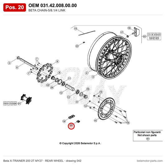 BETA CHAIN-5/8.1/4 LINK – OEM 031.42.008.00.00, position 20 on the Beta X-TRAINER 200 2T MY27 rear wheel drawing