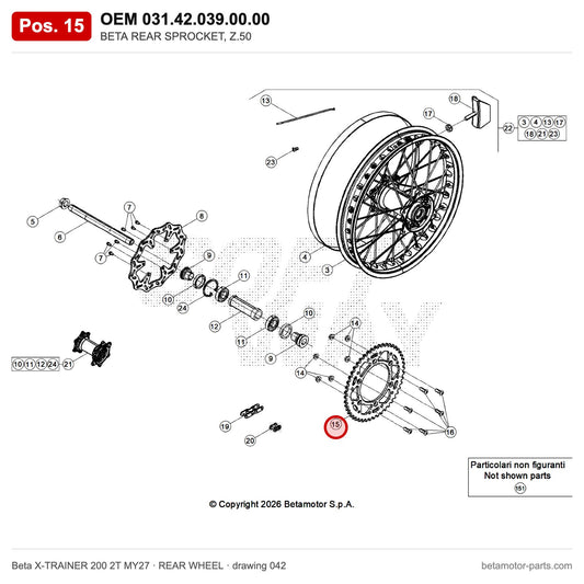 BETA REAR SPROCKET, Z.50 – OEM 031.42.039.00.00, position 15 on the Beta X-TRAINER 200 2T MY27 rear wheel drawing