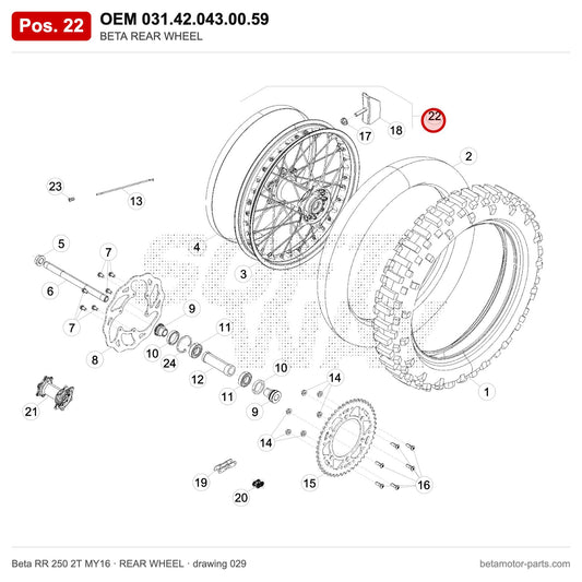BETA REAR WHEEL – OEM 031.42.043.00.59, position 22 on the Beta RR 250 2T MY16 rear wheel drawing