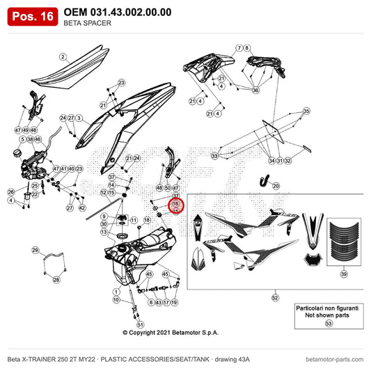 BETA SPACER – OEM 031.43.002.00.00, position 16 on the Beta X-TRAINER 250 2T MY22 plastic accessories/seat/tank drawing