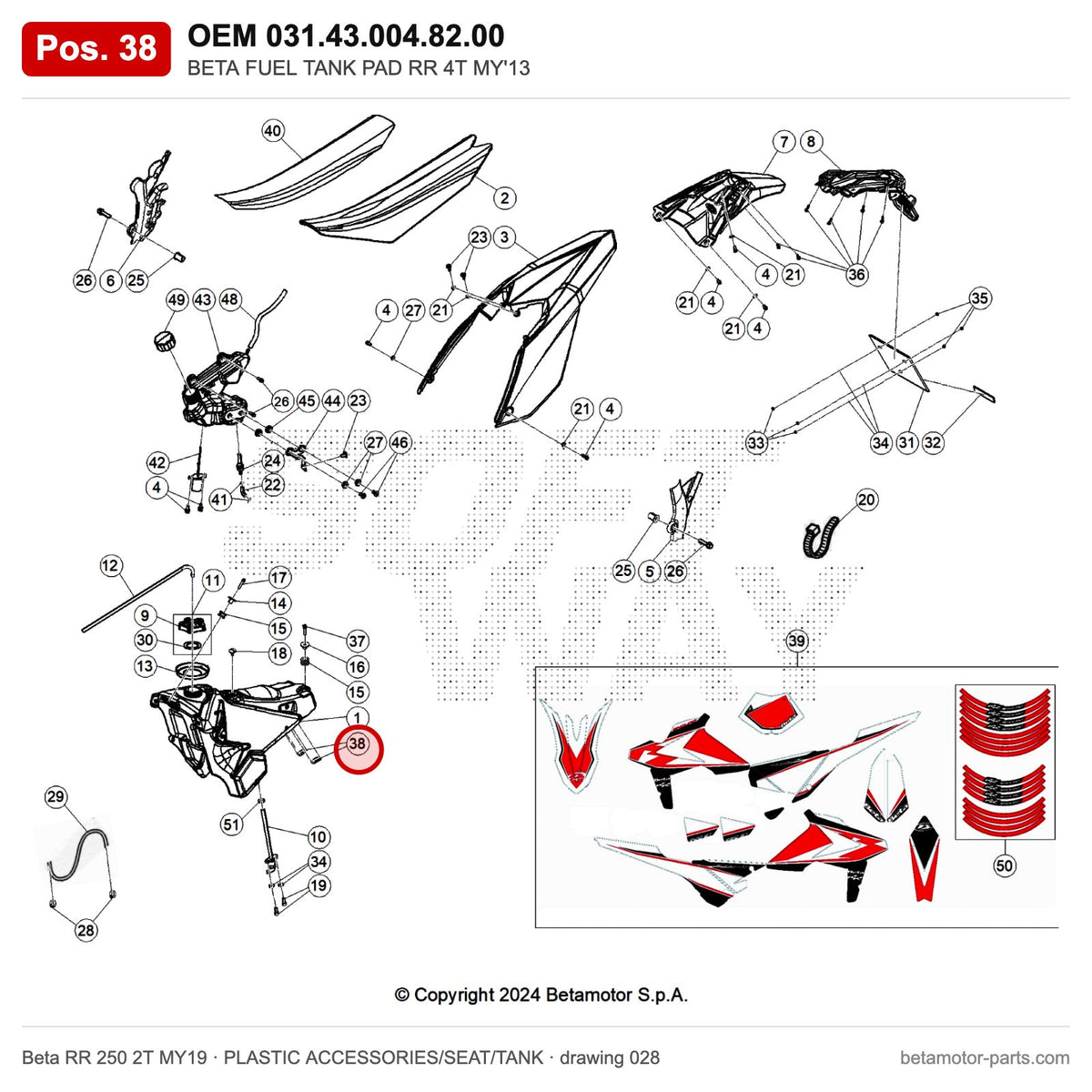BETA FUEL TANK PAD RR 4T MY'13 – OEM 031.43.004.82.00, position 38 on the Beta RR 250 2T MY19 plastic accessories/seat/tank drawing
