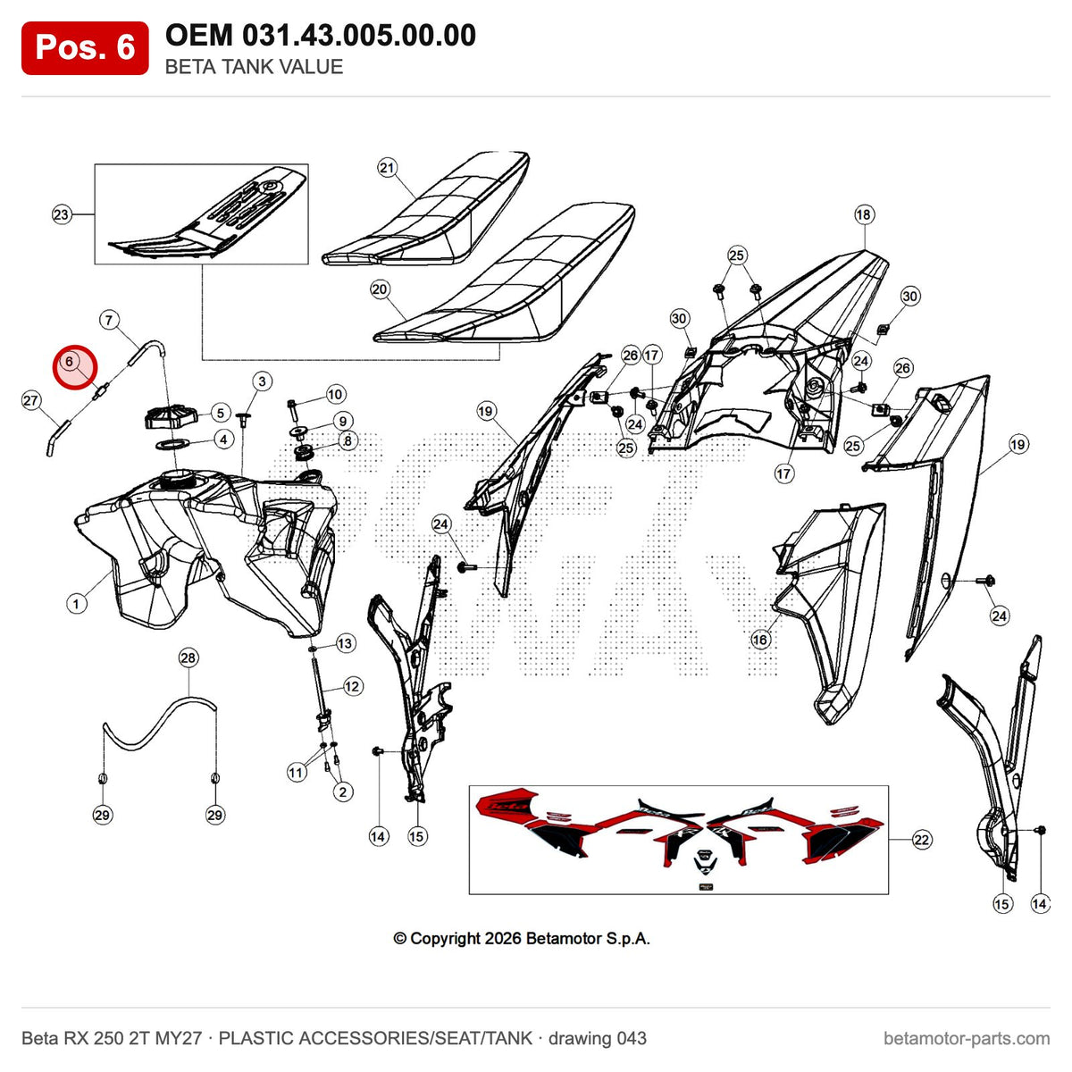 BETA TANK VALUE – OEM 031.43.005.00.00, position 6 on the Beta RX 250 2T MY27 plastic accessories/seat/tank drawing
