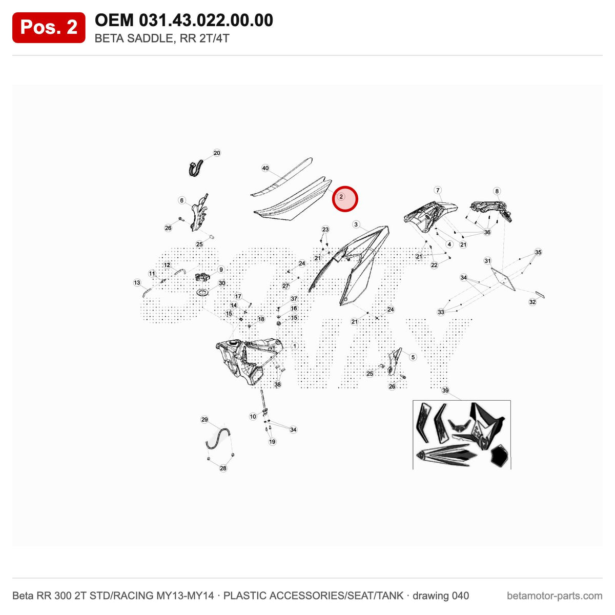 BETA SADDLE, RR 2T/4T – OEM 031.43.022.00.00, position 2 on the Beta RR 300 2T STD/RACING MY13-MY14 plastic accessories/seat/tank drawing