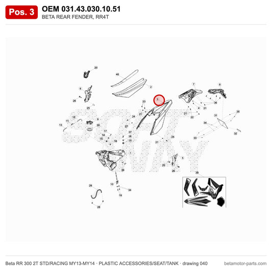 BETA REAR FENDER, RR4T – OEM 031.43.030.10.51, position 3 on the Beta RR 300 2T STD/RACING MY13-MY14 plastic accessories/seat/tank drawing