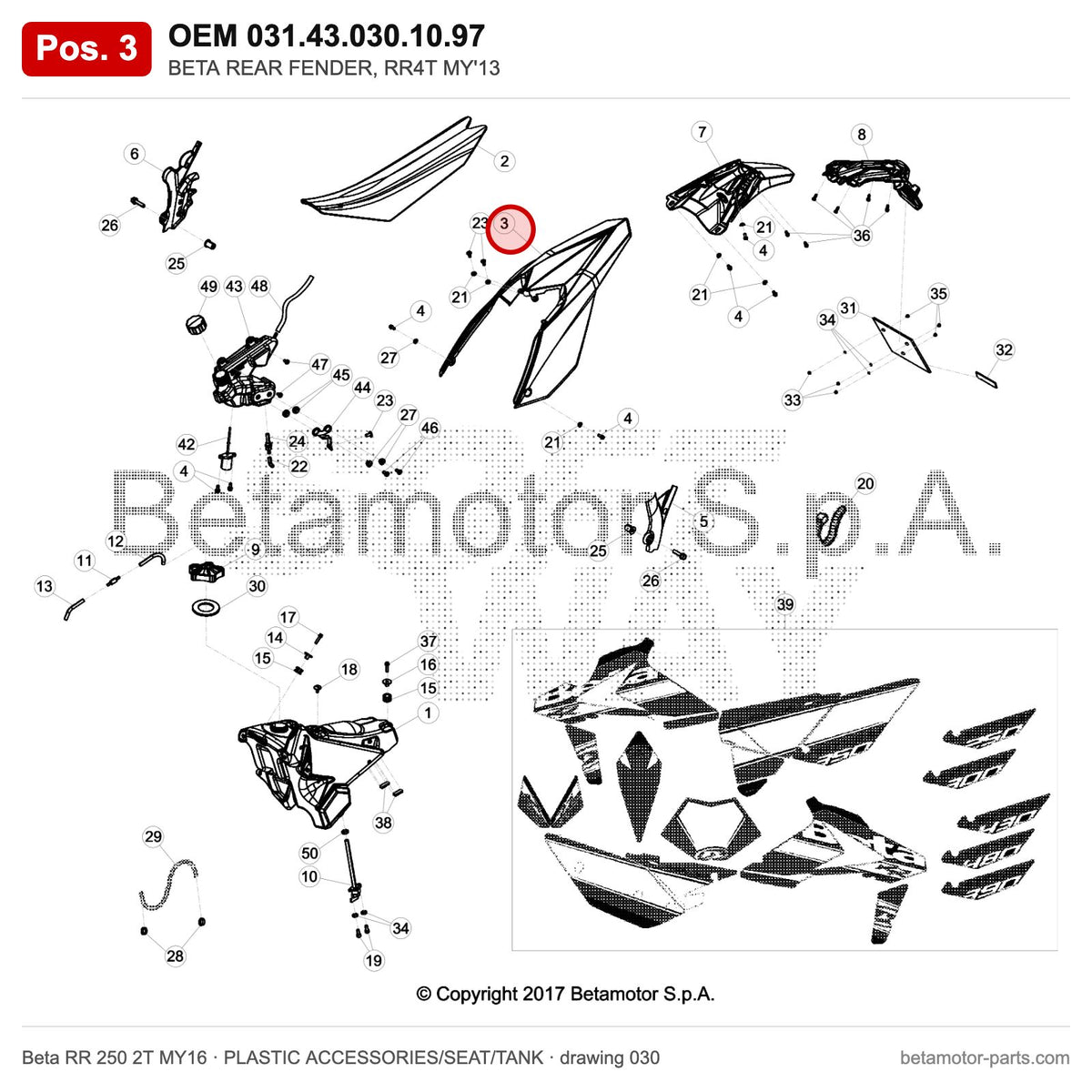 BETA REAR FENDER, RR4T MY'13 – OEM 031.43.030.10.97, position 3 on the Beta RR 250 2T MY16 plastic accessories/seat/tank drawing