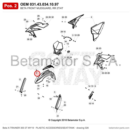 BETA FRONT MUDGUARD, RR 2T/4T – OEM 031.43.034.10.97, position 2 on the Beta X-TRAINER 300 2T MY19 plastic accessories/seat/tank drawing