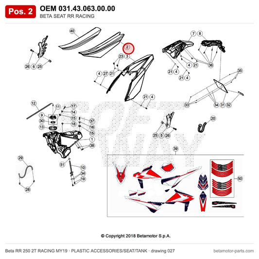 BETA SEAT RR RACING – OEM 031.43.063.00.00, position 2 on the Beta RR 250 2T RACING MY19 plastic accessories/seat/tank drawing