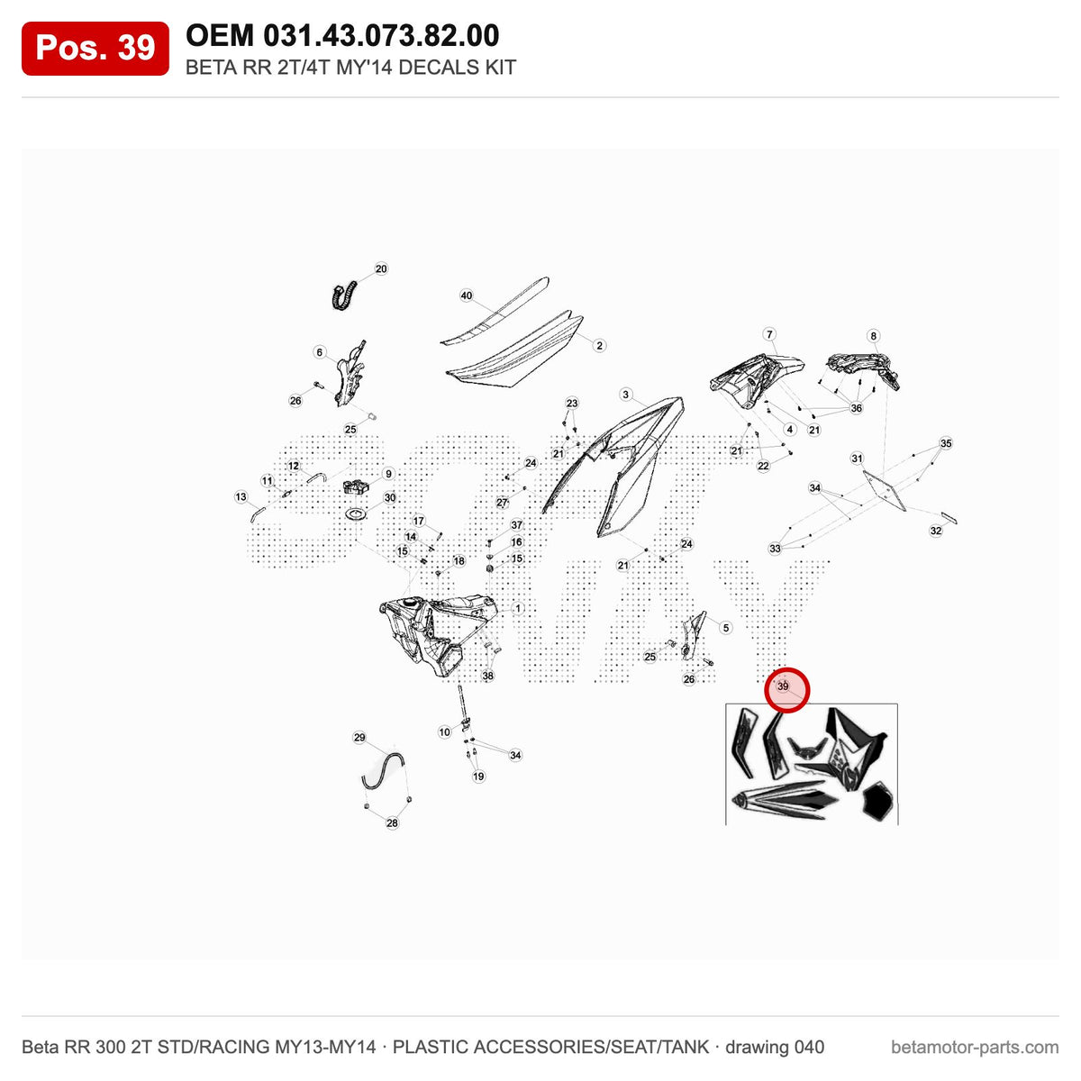 BETA RR 2T/4T MY'14 DECALS KIT – OEM 031.43.073.82.00, position 39 on the Beta RR 300 2T STD/RACING MY13-MY14 plastic accessories/seat/tank drawing