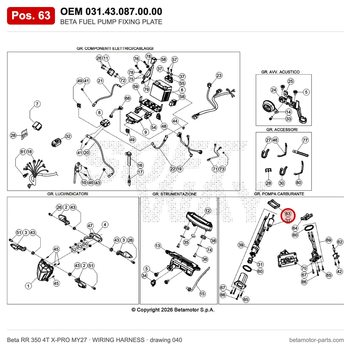 BETA FUEL PUMP FIXING PLATE – OEM 031.43.087.00.00, position 63 on the Beta RR 350 4T X-PRO MY27 wiring harness drawing