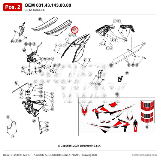 BETA SADDLE – OEM 031.43.143.00.00, position 2 on the Beta RR 250 2T MY19 plastic accessories/seat/tank drawing