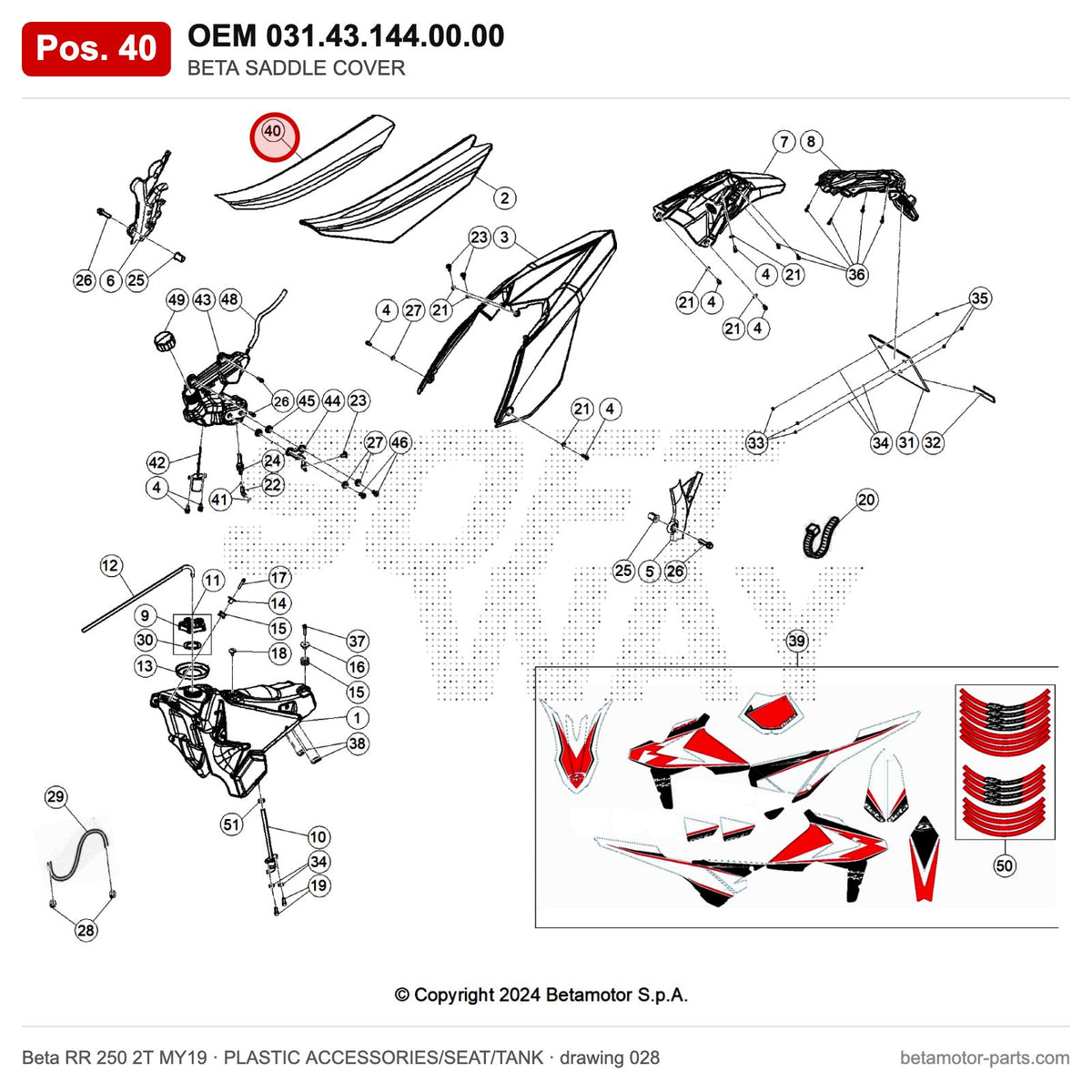 BETA SADDLE COVER – OEM 031.43.144.00.00, position 40 on the Beta RR 250 2T MY19 plastic accessories/seat/tank drawing