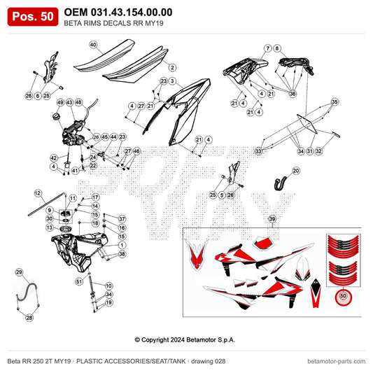 BETA RIMS DECALS RR MY19 – OEM 031.43.154.00.00, position 50 on the Beta RR 250 2T MY19 plastic accessories/seat/tank drawing