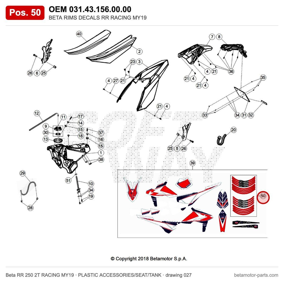 BETA RIMS DECALS RR RACING MY19 – OEM 031.43.156.00.00, position 50 on the Beta RR 250 2T RACING MY19 plastic accessories/seat/tank drawing