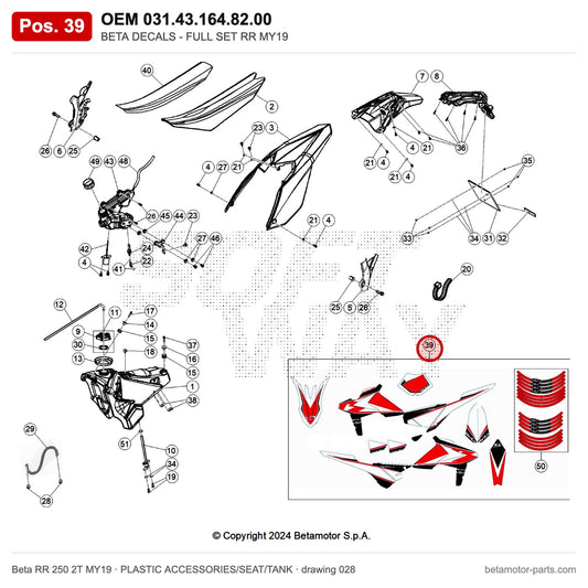 BETA DECALS - FULL SET RR MY19 – OEM 031.43.164.82.00, position 39 on the Beta RR 250 2T MY19 plastic accessories/seat/tank drawing