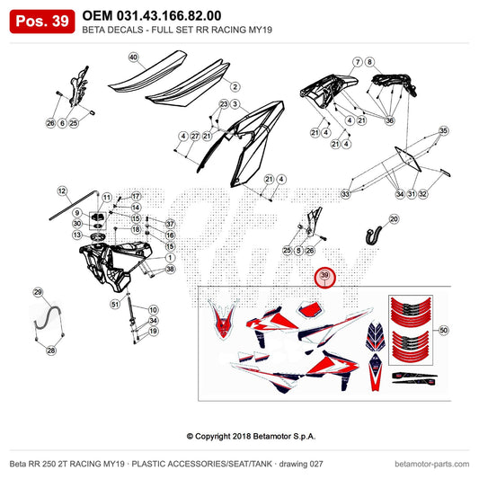 BETA DECALS - FULL SET RR RACING MY19 – OEM 031.43.166.82.00, position 39 on the Beta RR 250 2T RACING MY19 plastic accessories/seat/tank drawing