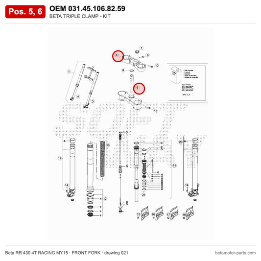 BETA TRIPLE CLAMP - KIT – OEM 031.45.106.82.59, positions 5,6 on the Beta RR 430 4T RACING MY15 front fork drawing