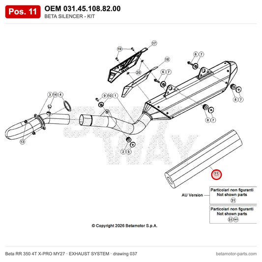 BETA SILENCER - KIT – OEM 031.45.108.82.00, position 11 on the Beta RR 350 4T X-PRO MY27 exhaust system drawing