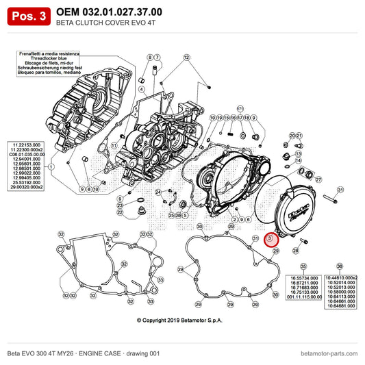 BETA CLUTCH COVER EVO 4T – OEM 032.01.027.37.00, position 3 on the Beta EVO 300 4T MY26 engine case drawing