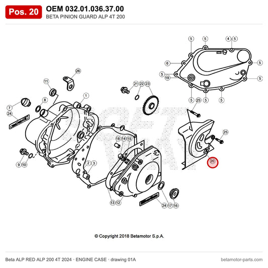 BETA PINION GUARD ALP 4T 200 – OEM 032.01.036.37.00, position 20 on the Beta ALP RED ALP 200 4T 2024 engine case drawing