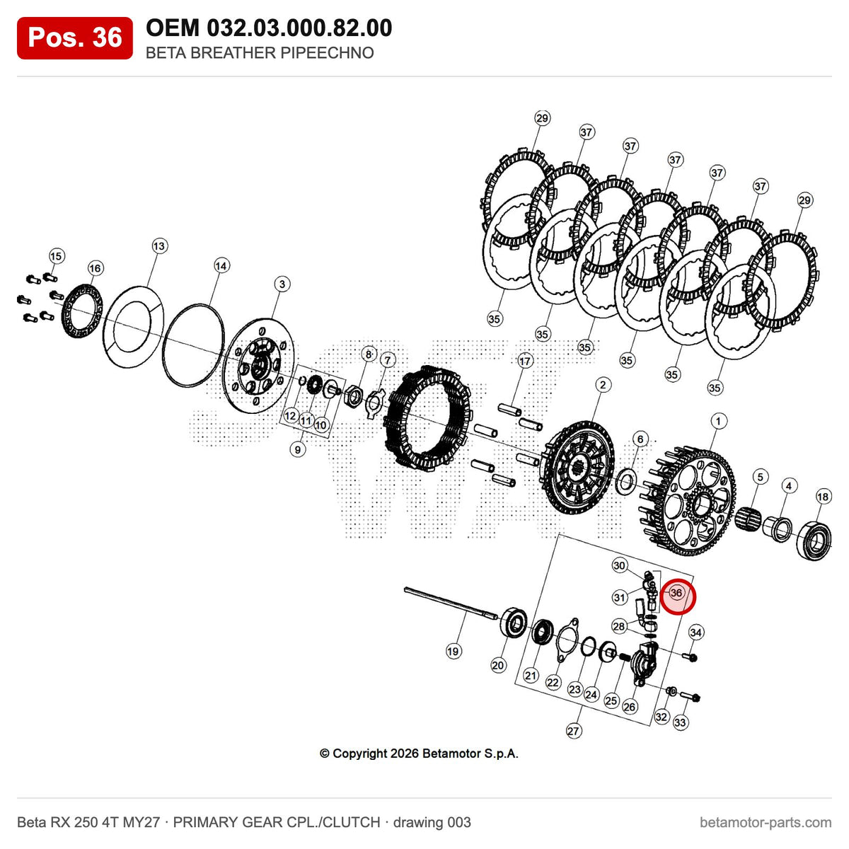 BETA BREATHER PIPEECHNO – OEM 032.03.000.82.00, position 36 on the Beta RX 250 4T MY27 primary gear cpl./clutch drawing