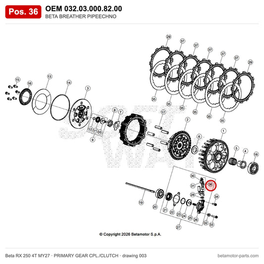 BETA BREATHER PIPEECHNO – OEM 032.03.000.82.00, position 36 on the Beta RX 250 4T MY27 primary gear cpl./clutch drawing